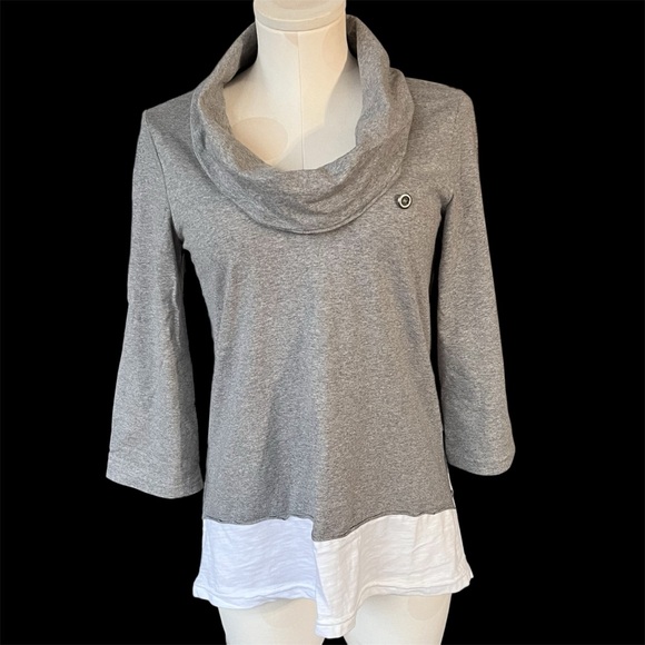 Neon Buddha Gray White Knit Tunic Cowl Neck Roll Tab Sleeves Tunic Xsmall - Picture 2 of 9